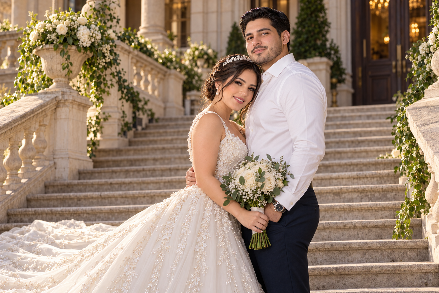 Novios en las escalinatas de una mansión